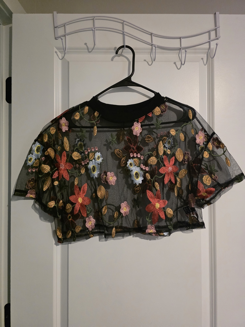 Embroidered Black Mesh Floral Crop Top